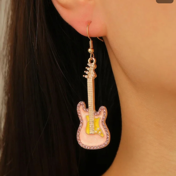 Guitar Earrings Pink Gold Rhinestones - Picture 5 of 10